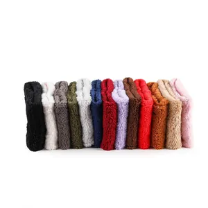 Detailed display of 13 colorful plush winter neck warmers in soft fleece material