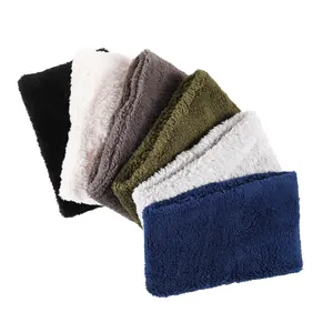 Detailed pile of thick plush neck warmers in six neutral colors for winter protection