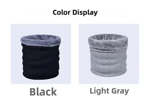 Detail view of winter knitted neck warmer with thick fleece lining in black and light gray