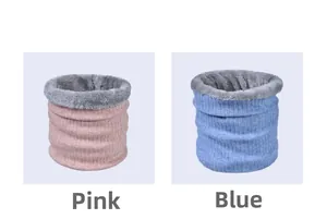 Detailed close-up of thick thermal fleece lining on pink and blue knitted neck warmers