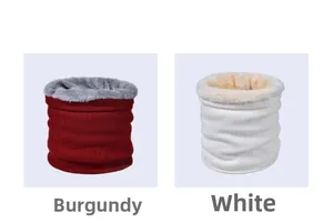 Detail of wine red and white knitted neck warmers with thick faux fleece lining
