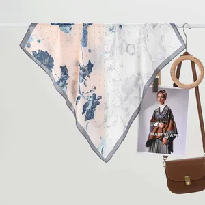 Pastel floral silk-like square scarf for women featuring a two-tone color block design