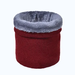 Unisex red knit winter neck warmer with thick grey fleece lining on white background