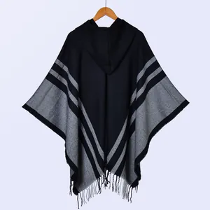 Ethnic style hooded knit poncho with stripes and fringe tassels for women in deep black