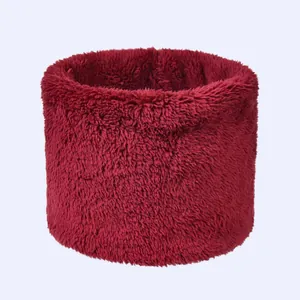 Close-up of soft dark red plush neck warmer with high-density fluffy faux fur texture