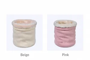 Detail view of thickened knit neck warmer with soft fleece lining in pink and white