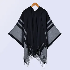Women's Ethnic Hooded Striped Split Poncho Cape Soft Warm Imitation Cashmere Shawl With Tassels For Travel Camping Daily Use