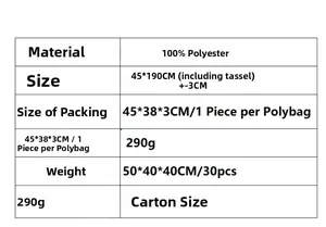 Detailed size chart for the polyester plaid scarf including weight and woven dimensions