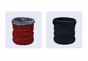 Detail view of thickened knit neck warmers with plush lining in burgundy and black