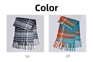 Detail showing grey and teal plaid patterns on soft thick fringe scarves