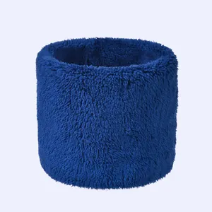 Detailed texture of thick royal blue plush winter neck warmer with soft faux fur material