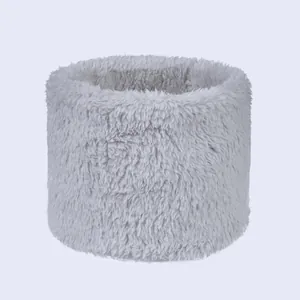 Detail of light grey plush neck warmer showing soft faux fur texture and thick thermal lining