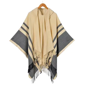 Women's hooded poncho cape with ethnic stripes and tassels for travel and camping