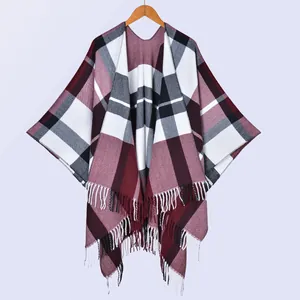 Scottish Plaid Tassel Shawl Women Faux Cashmere Warm Checkered Cape Open Front Poncho Wrap Winter Autumn Fashion Outerwear