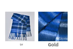 Close-up of blue and white plaid scarf fabric texture with long tassel details