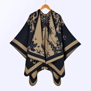 Women Vintage Butterfly Jacquard Poncho Shawl Warm Thick Imitation Cashmere Open Front Split Cape For Winter Autumn Travel