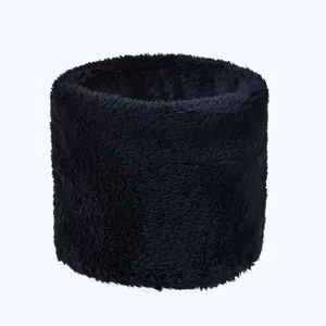 Close-up of the dense black plush texture and soft lining of this winter neck warmer