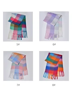 Collage of four colorful plaid scarves with tassels in various vibrant color palettes