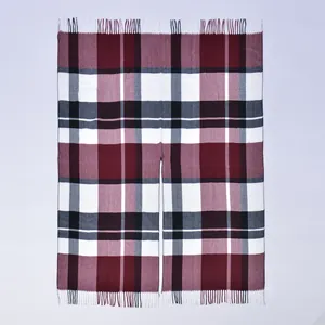 Classic burgundy plaid shawl with tassel edges and front opening design