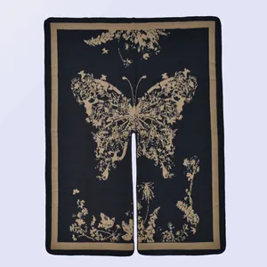 Vintage black knit shawl with large gold butterfly jacquard and split open front design