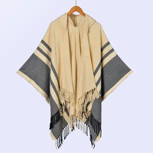 Ethnic style hooded knitted poncho with grey stripes and fringe tassels for women