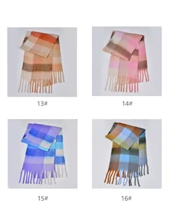 Detailed grid view showing four color variations of thick rainbow plaid fringed scarves