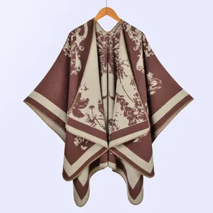 Vintage bohemian knit shawl with brown floral jacquard patterns and open front design