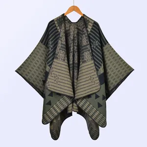 Detailed view of the vintage multi-color jacquard knit shawl with floral and geometric patterns
