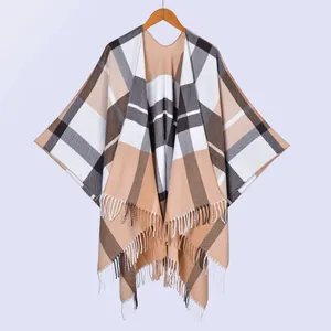 Classic plaid tassel shawl cape for women and men featuring beige and brown check patterns