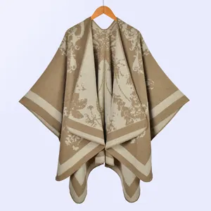 Vintage butterfly jacquard knit shawl cape in neutral brown and cream floral patterns