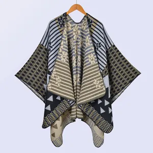 Women's warm knit shawl with geometric pattern and bohemian floral design for winter