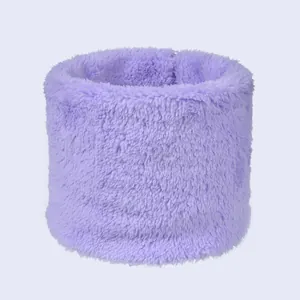 Detail view of the soft purple plush neck warmer with fluffy fleece texture for winter