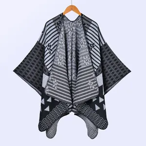 Women's Vintage Ethnic Knitted Poncho Shawl Bohemian Geometric Floral Jacquard Warm Imitation Cashmere Open Front Wrap Cape