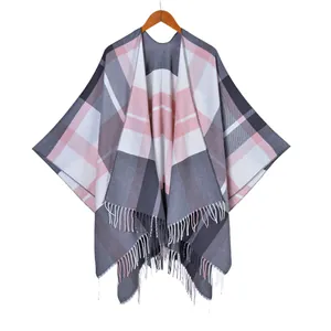 Classic plaid tassel shawl cape for women in soft pink, white and dark grey tones