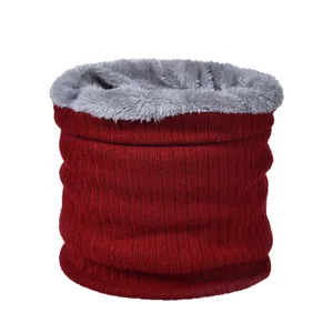 Winter thermal knit neck warmer in dark red with thick grey faux fur lining for wind protection