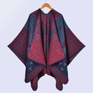 Women's warm winter shawl poncho with retro ethnic jacquard patterns in navy and red