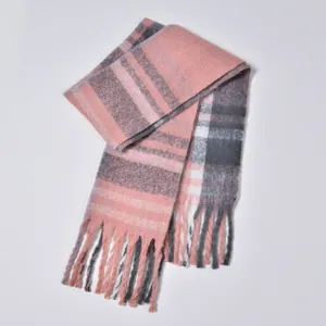 Close-up of pink and grey plaid scarf showing textured knit wool and fringe tassels