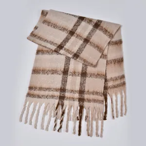 Winter Thickened Plaid Scarf With Tassels Soft Boucle Yarn Warm Long Geometric Checkerboard Scarf For Women Men Accessories