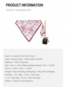 Detail view of 70x70cm polyester silk scarf showing pink floral pattern and size chart