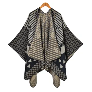 Knitted bohemian shawl with khaki and black geometric floral patterns for winter