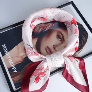 Floral print silk scarf for women in light pink and burgundy with elegant flower patterns