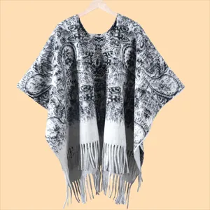 Dames paisley sjaal cape met franjes en een klassiek zwart-wit vintage patroon