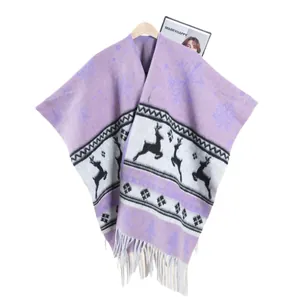 Châle d'hiver épais en tricot avec motifs nordiques de rennes et flocons violet et blanc