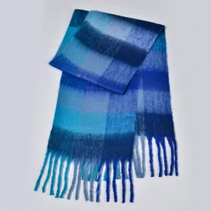 Thick rainbow plaid scarf with soft blue gradient tassels for winter warmth and fashion