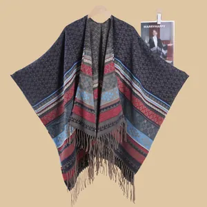 Bohemian Ethnic Geometric Diamond Knit Poncho Shawl With Tassels For Women Retro Fringe Wrap Travel Warm Winter Cape