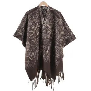 Vintage paisley dikke dubbelzijdige omslagdoek met franjes in bruin en beige tint
