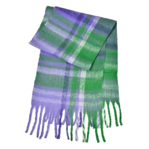 Thick plaid knit scarf with purple and green tassels for winter warmth and fashion