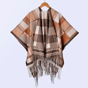 Vintage Kaschmir-Imitat Poncho Schal Für Damen Wendbar Verdicktes Cape Quasten Ethno Landschaft Druck Winter Umhang