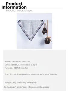 Detail view showing 70x70cm polyester satin scarf specifications and geometric pattern