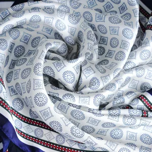 70cm elegant mandala silk scarf for women featuring navy geometric patterns on white base
